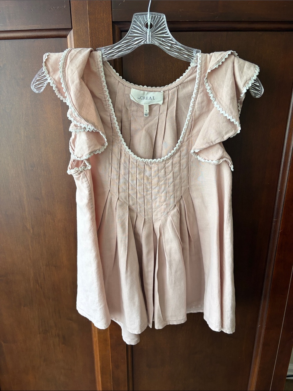 THE GREAT. Blush Pink Ruffle Sleeve Cotton Top
